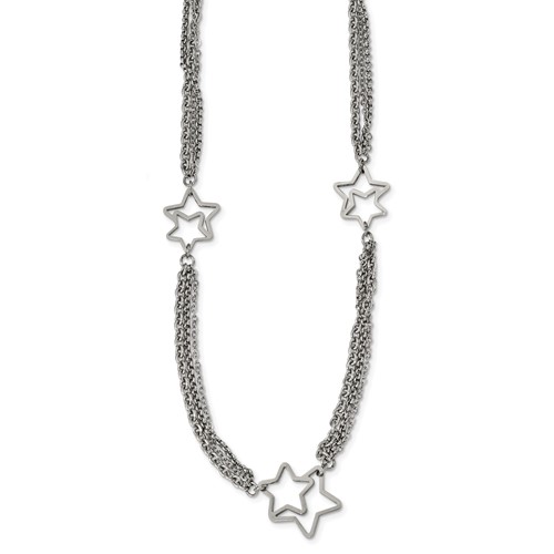 Stainless Steel Polished Star Multi Strand Necklace, 30"