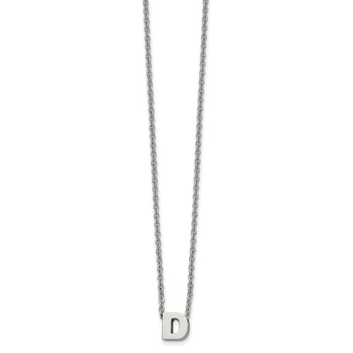 Stainless Steel Polished Letter D Necklace with 2in Ext, 18"
