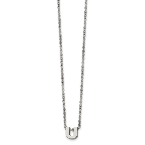 Stainless Steel Polished Letter U Necklace with 2in Ext, 18"