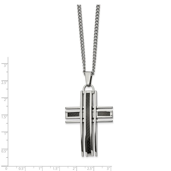Chisel Stainless Steel Polished with Black Carbon Fiber Inlay Cross Pendant on a 24 inch Curb Chain Necklace