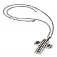 Chisel Stainless Steel Polished Necklace with Black Carbon Fiber Inlay Cross Pendant on a Curb Chain, 24" view 3