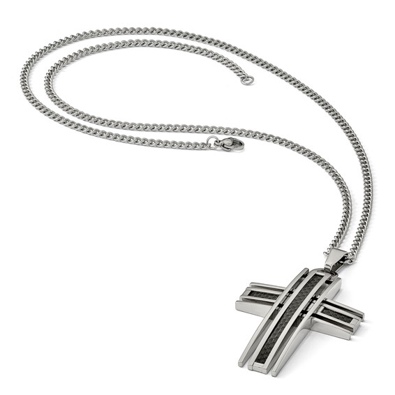 Chisel Stainless Steel Polished with Black Carbon Fiber Inlay Cross Pendant on a 24 inch Curb Chain Necklace