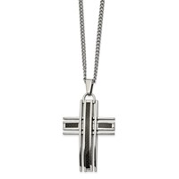 Chisel Stainless Steel Polished Necklace with Black Carbon Fiber Inlay Cross Pendant on a Curb Chain, 24" view 1