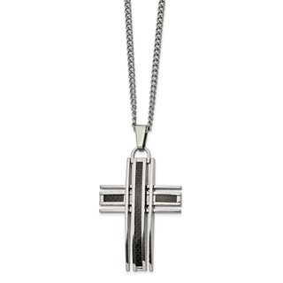 Chisel Stainless Steel Polished with Black Carbon Fiber Inlay Cross Pendant on a 24 inch Curb Chain Necklace