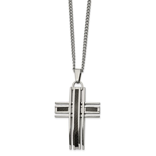 Chisel Stainless Steel Polished Necklace with Black Carbon Fiber Inlay Cross Pendant on a Curb Chain, 24"