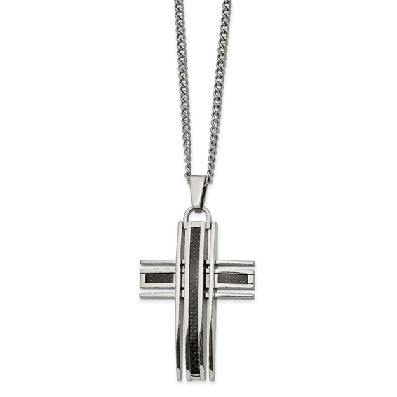 Chisel Stainless Steel Polished with Black Carbon Fiber Inlay Cross Pendant on a 24 inch Curb Chain Necklace