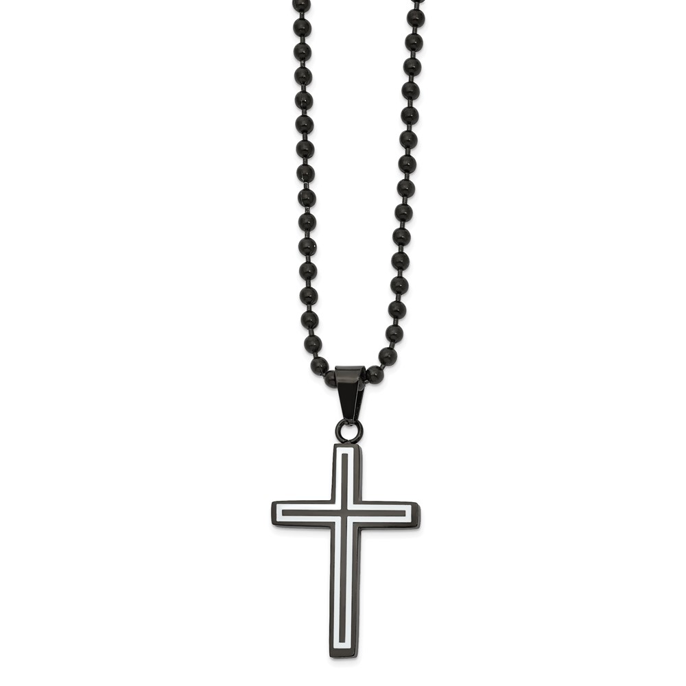 Stainless Steel Polished Black IP w/White Enamel Cross 22in Necklace