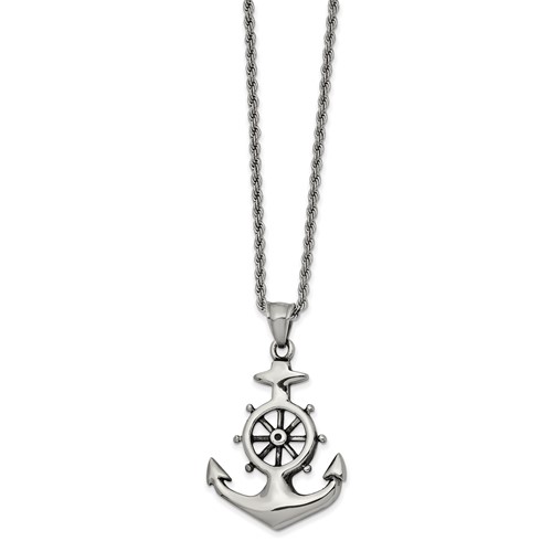 Chisel Stainless Steel Antiqued and Polished Anchor Pendant on a Curb Chain Necklace, 24"
