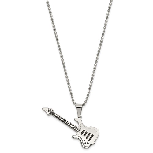 Chisel Stainless Steel Polished and Textured Necklace with Enamel Guitar Pendant on a Ball Chain, 24"