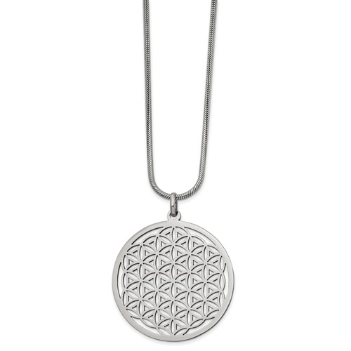 Stainless Steel Polished Flower Cut-out Large Circle Necklace, 20"