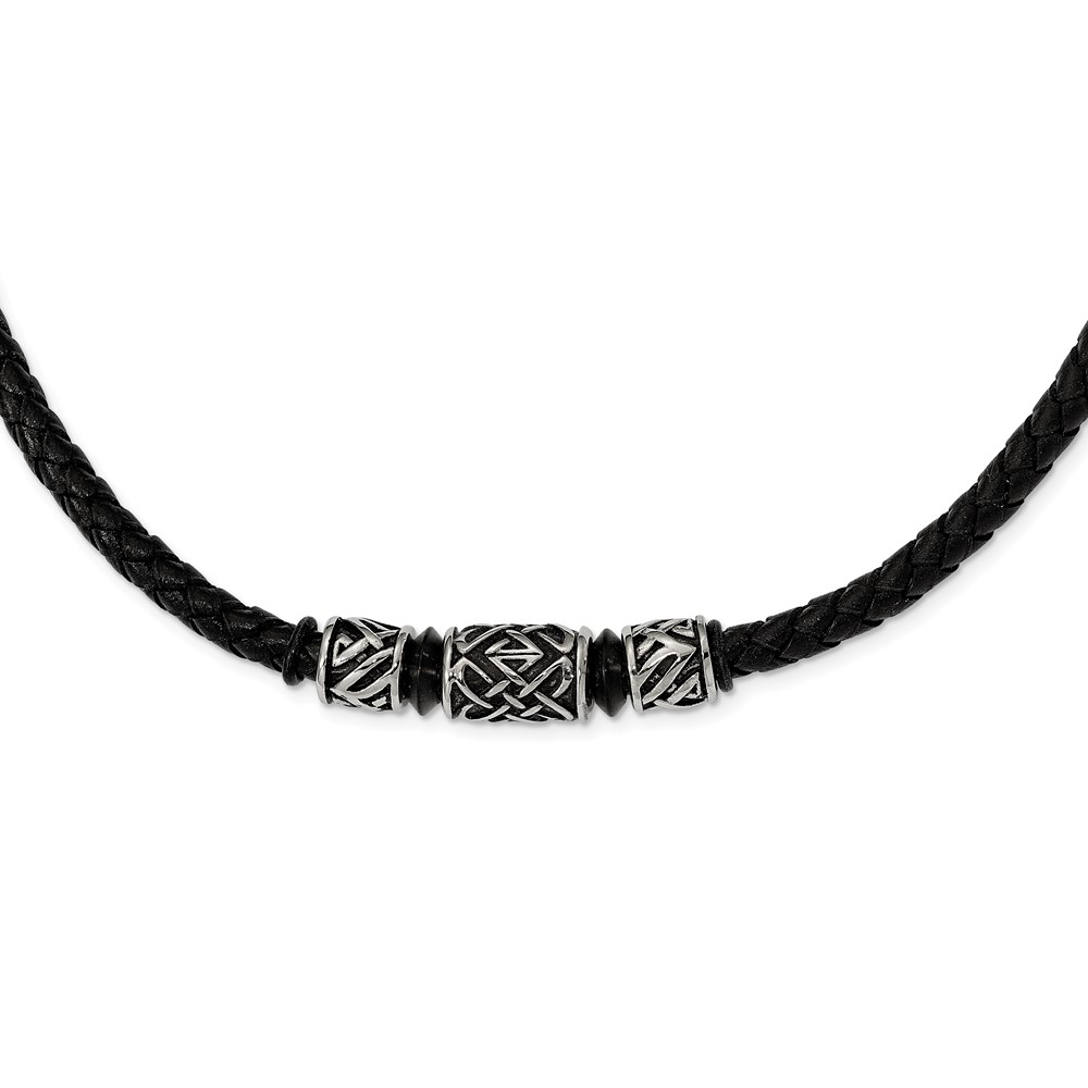 Stainless Steel Antiqued Black IP-plated Beaded Leather Necklace