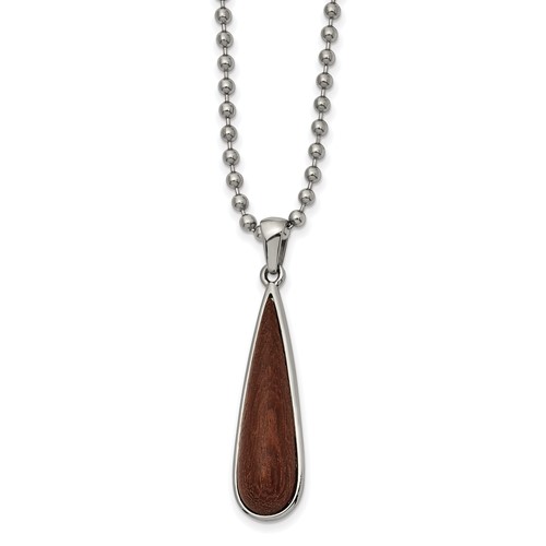 Stainless Steel Polished Wood Inlay Teardrop Necklace, 24"