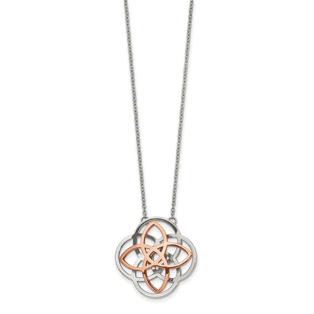 Stainless Steel Polished Rose IP-plated 3D Knot 16in w/2in ext Necklace