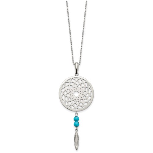 Stainless Steel Polished Imit.Turquoise Dreamcatcher Necklace with Ext, 2"