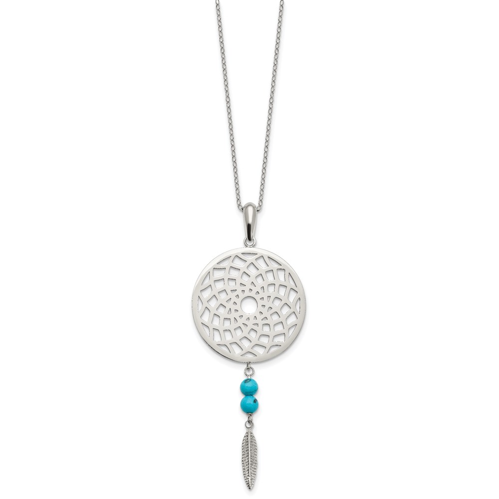 Stainless Steel Polished Imit.Turquoise Dreamcatcher w/2in ext Necklace