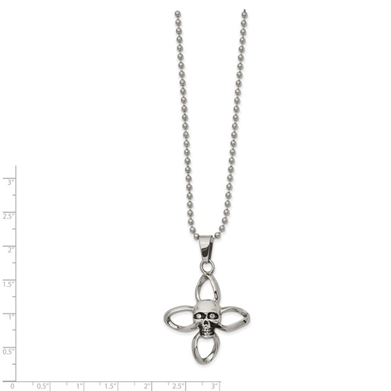 Stainless Steel Antiqued and Polished w/ CZ Skull Cross 22in Necklace