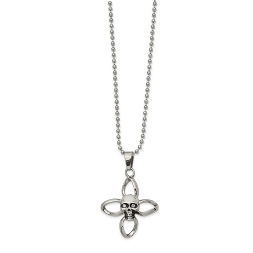 Stainless Steel Antiqued and Polished Necklace with CZ Skull Cross, 22"
