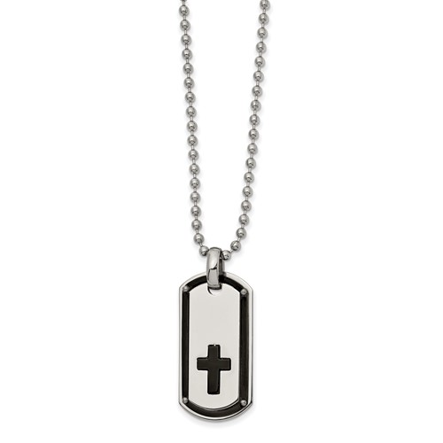 Chisel Stainless Steel Polished Black IP-plated Cross Dog Tag on a Ball Chain Necklace, 22"