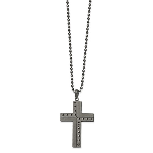 Chisel Stainless Steel Polished Necklace with Matte Finish Gun Metal IP-plated Cross Pendant on a Ball Chain, 22"