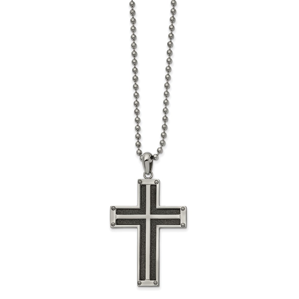 Stainless Steel Polished Black IP-plated Laser cut Cross 22in Necklace