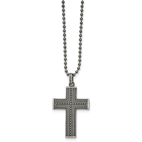 Chisel Stainless Steel Antiqued and Polished Gun Metal IP-plated Cross Pendant on a Ball Chain Necklace, 22"