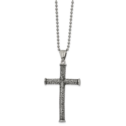 Chisel Stainless Steel Antiqued Polished and Textured Cross Pendant on a Ball Chain Necklace, 22"
