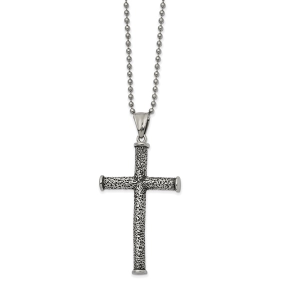 Chisel Stainless Steel Antiqued Polished and Textured Cross Pendant on a 22 inch Ball Chain Necklace