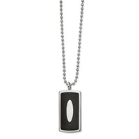 Stainless Steel Polished Necklace with Black Leather Inlay Dog Tag, 22" view 1