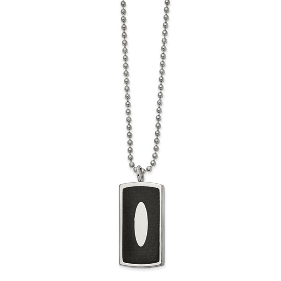 Stainless Steel Polished w/Black Leather Inlay Dog Tag 22in Necklace