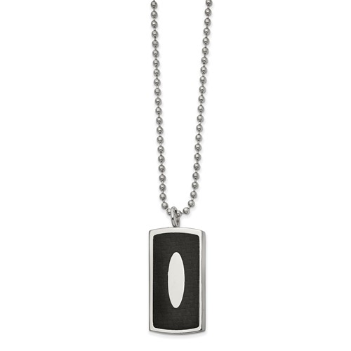 Stainless Steel Polished Necklace with Black Leather Inlay Dog Tag, 22"