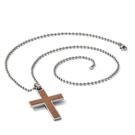 Stainless Steel Polished w/Carbon Fiber & Wood Inlay Reversible Necklace