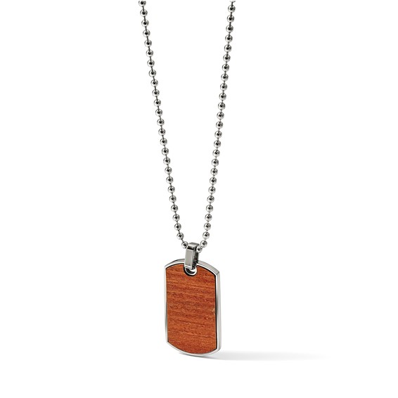 Chisel Stainless Steel Polished Black Carbon Fiber and Wood Inlay Reversible Dog Tag on a 22 in Ball Chain Necklace