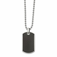 Chisel Stainless Steel Polished Black Carbon Fiber and Wood Inlay Reversible Dog Tag on a Ball Chain Necklace, 22" view 1
