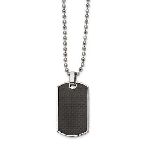 Chisel Stainless Steel Polished Black Carbon Fiber and Wood Inlay Reversible Dog Tag on a Ball Chain Necklace, 22"