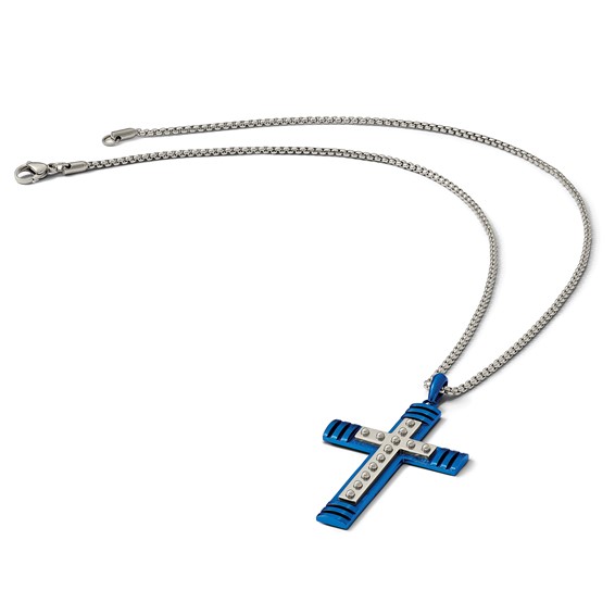 Chisel Stainless Steel Polished Blue IP-plated Cross Pendant on a 22 inch Box Chain Necklace