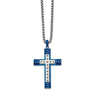 Chisel Stainless Steel Polished Blue IP-plated Cross Pendant on a 22 inch Box Chain Necklace