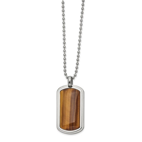 Chisel Stainless Steel Polished Necklace with Tiger's Eye Dog Tag on a Ball Chain, 22"