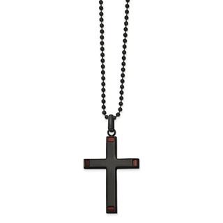 Chisel Stainless Steel Polished Black IP-plated with Tiger's Eye Cross Pendant on a 22 inch Ball Chain Necklace