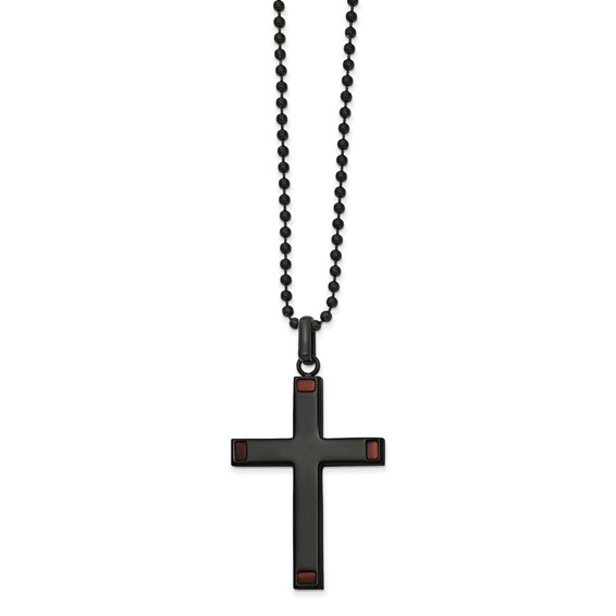 Chisel Stainless Steel Polished Black IP-plated with Tiger's Eye Cross Pendant on a 22 inch Ball Chain Necklace