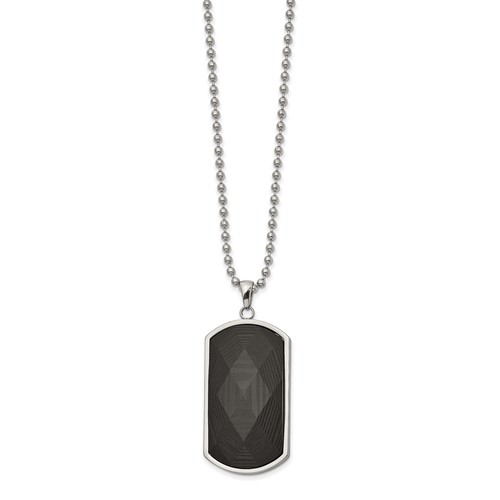 Chisel Stainless Steel Polished Solid Black Carbon Fiber Inlay Dog Tag on a Ball Chain Necklace, 24"
