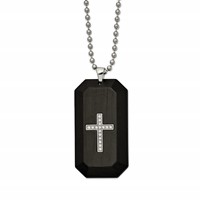 Chisel Stainless Steel Polished Solid Carbon Fiber Necklace with CZ Cross Dog Tag on a Ball Chain, 24" view 1