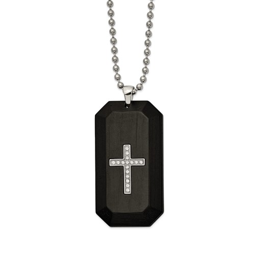 Chisel Stainless Steel Polished Solid Carbon Fiber Necklace with CZ Cross Dog Tag on a Ball Chain, 24"