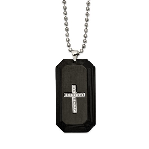 Chisel Stainless Steel Polished Solid Carbon Fiber with CZ Cross Dog Tag on a 24 inch Ball Chain Necklace
