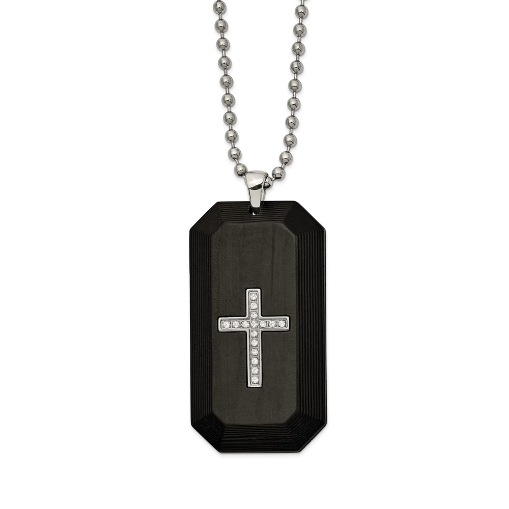 Stainless Steel Polished w/Solid Carbon Fiber & CZ Cross DogTag Necklace