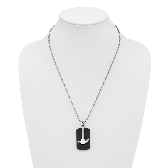 Chisel Stainless Steel Polished Black IP-plated Dog Tag with Hammer Pendant on a 24 inch Ball Chain Necklace
