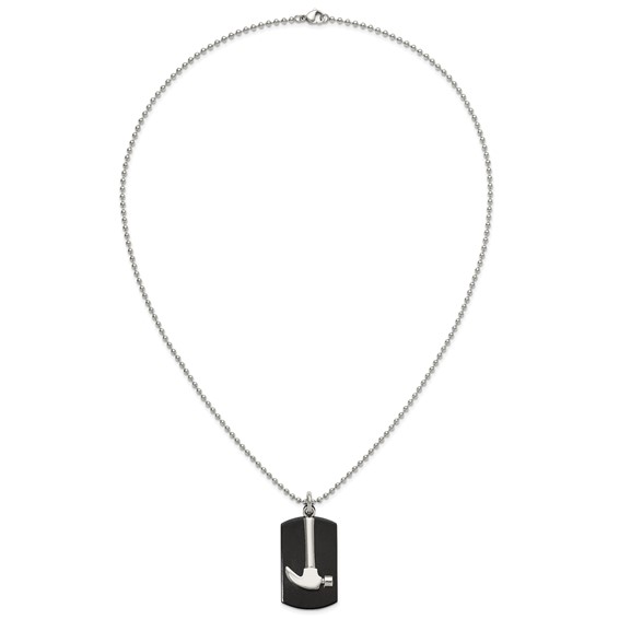 Chisel Stainless Steel Polished Black IP-plated Dog Tag with Hammer Pendant on a 24 inch Ball Chain Necklace