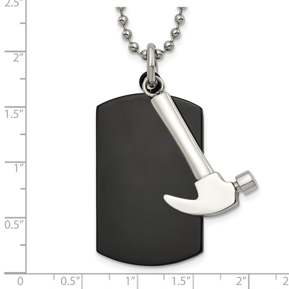 Chisel Stainless Steel Polished Black IP-plated Dog Tag with Hammer Pendant on a 24 inch Ball Chain Necklace