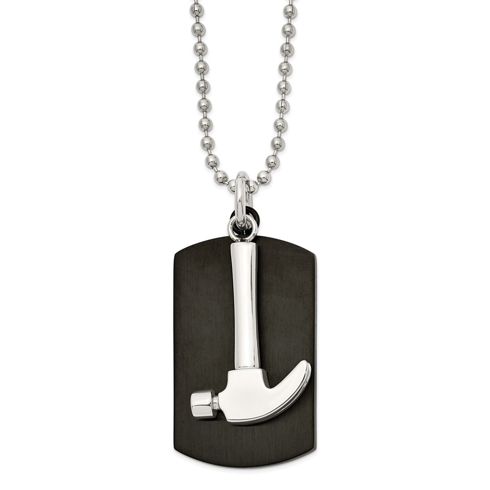 Stainless Steel Polished Black IP-plated Hammer Dog Tag 24in Necklace