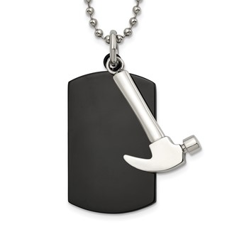 Chisel Stainless Steel Polished Black IP-plated Dog Tag with Hammer Pendant on a 24 inch Ball Chain Necklace