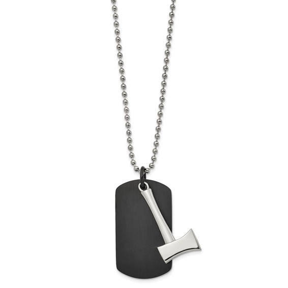 Chisel Stainless Steel Brushed and Polished Black IP-plated Dog Tag with Axe Pendant on a 24 inch Ball Chain Necklace